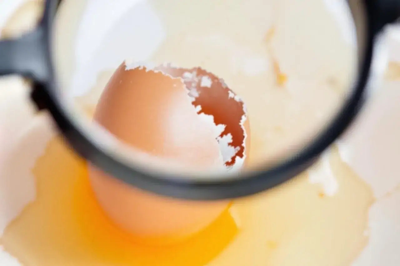 Un &oelig;uf cass&eacute; sous une loupe, le jaune coulant. Une image qui &eacute;voque la prudence face &agrave; une allergie au blanc d'&oelig;uf.