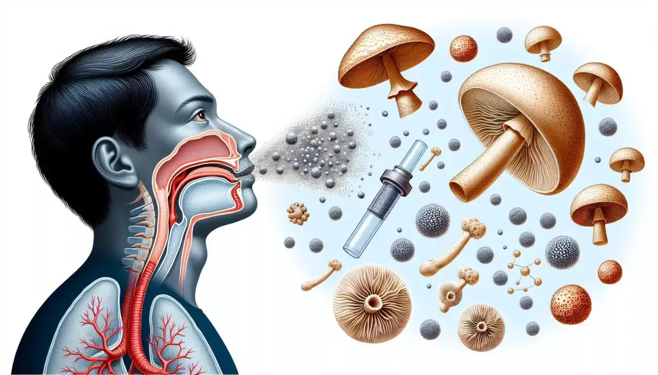 Illustration d'un homme dont les voies respiratoires sont expos&eacute;es &agrave; des spores de champignons, sugg&eacute;rant une allergie champignon.