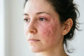 Visage d'une femme avec une peau rouge et irritée autour des yeux et sur les joues, possiblement une allergie au collagène.
