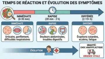 Graphique illustrant les temps de réaction et symptômes d'une allergie, incluant urticaire, troubles digestifs et éruptions cutanées. Une allergie au collagène peut se manifester rapidement ou tardivement.