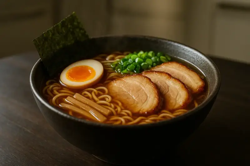 Un bol fumant de recette ramen japonais traditionnel : nouilles, œuf mollet, porc chashu, ciboule et algue nori.