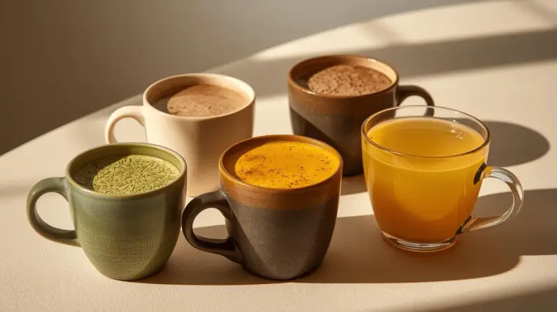 Quatre tasses de boissons colorées : matcha, curcuma, chocolat chaud et boisson dorée. Une belle alternative au café pour commencer la journée.