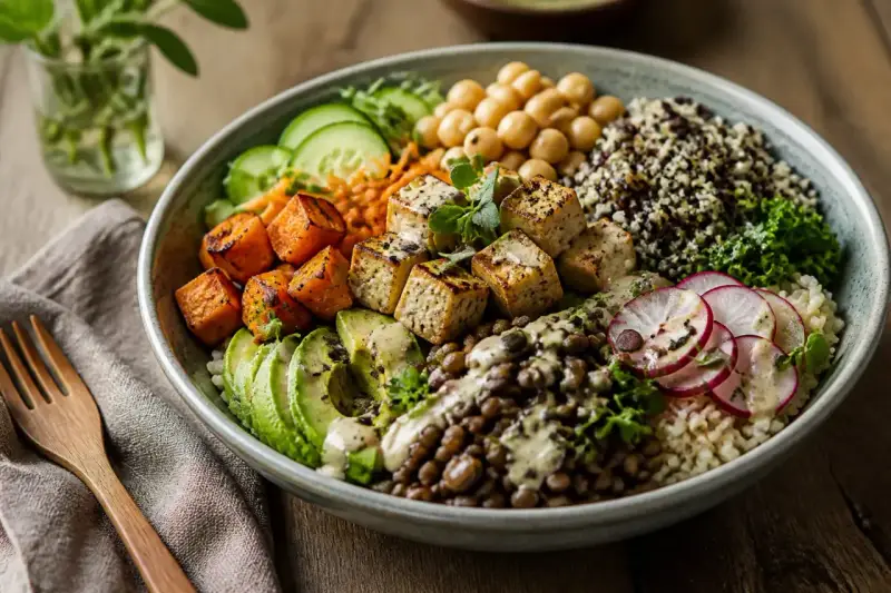 Un délicieux bouddha bowl coloré avec tofu grillé, patates douces, avocat, lentilles, pois chiches, quinoa et radis.