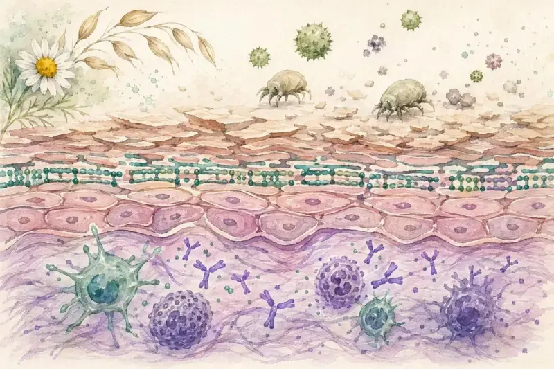 Coupe de peau montrant des acariens et des pollens déclenchant une réaction allergique avec des anticorps et des cellules immunitaires. Une prise de sang allergie peut révéler ces réactions.